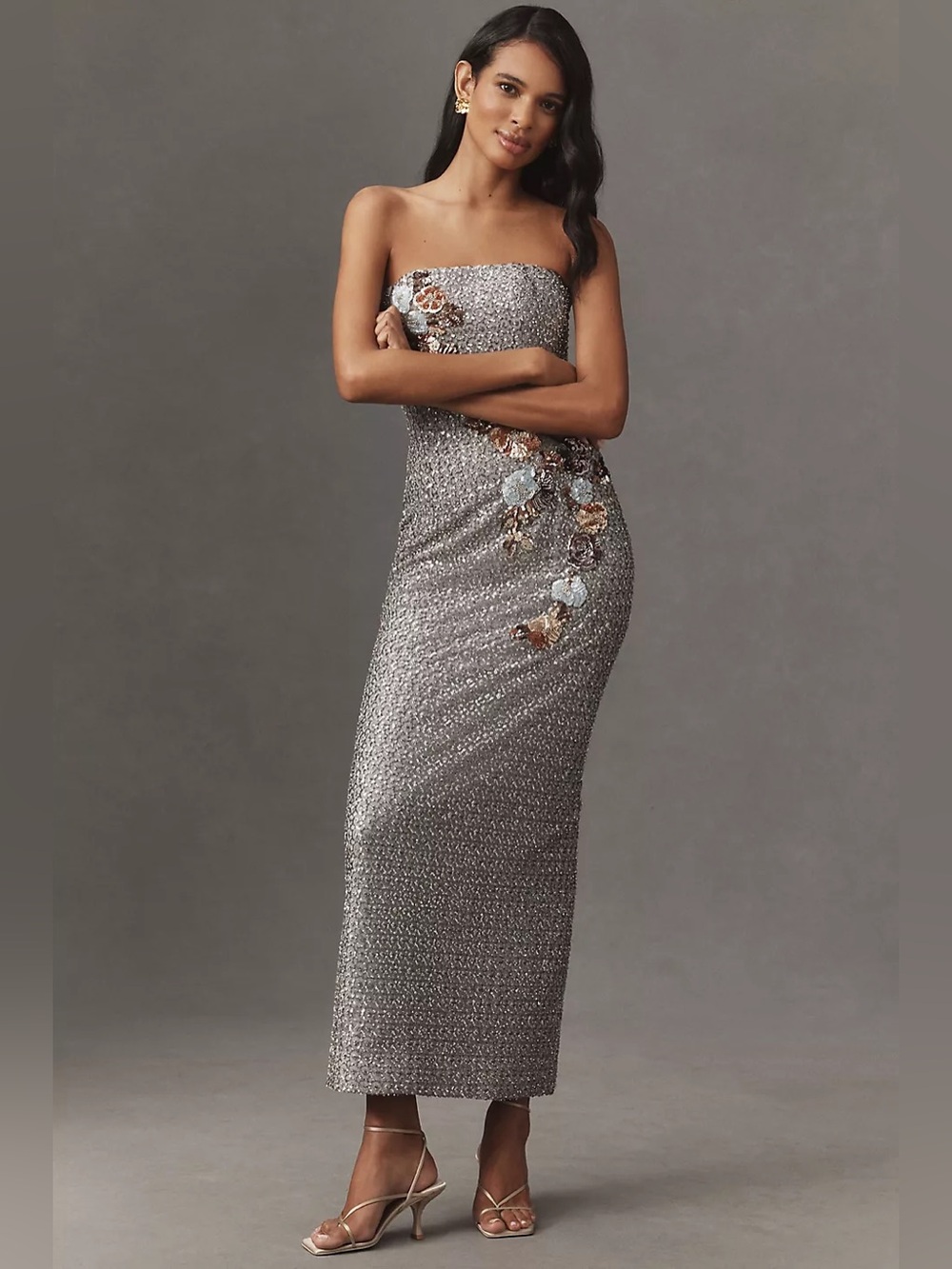 Helsi Silvia Strapless 3D Floral Strapless Stretch Sequin Maxi Dress Size XS NWT